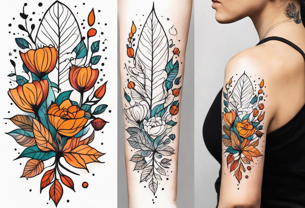 Full arm with fall colors, flowers, water, leaves and various shapes tattoo idea