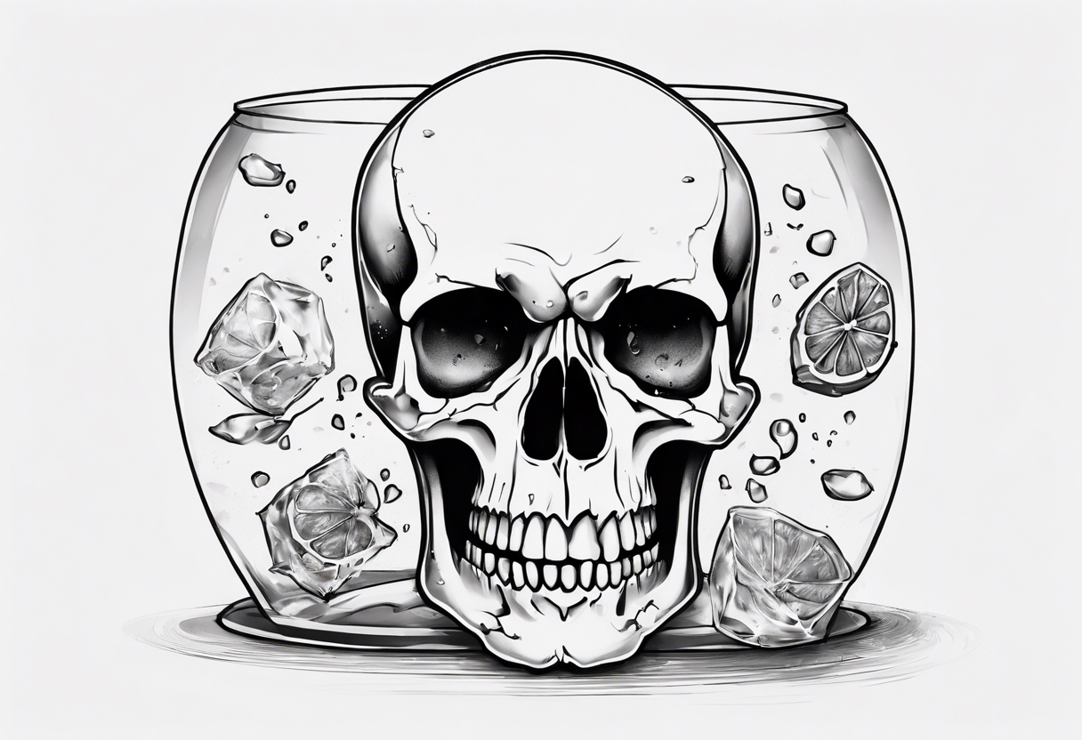 A happy, looking to the left scull, inside the glass with ice and piece of lime tattoo idea