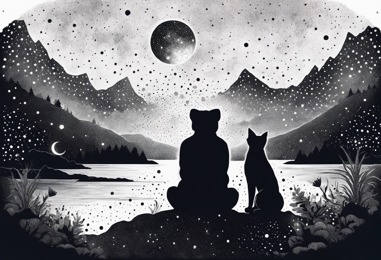 a night sky with leo and cancer constellation, mountains, a father and son with his dog and cat sitting by the water tattoo idea