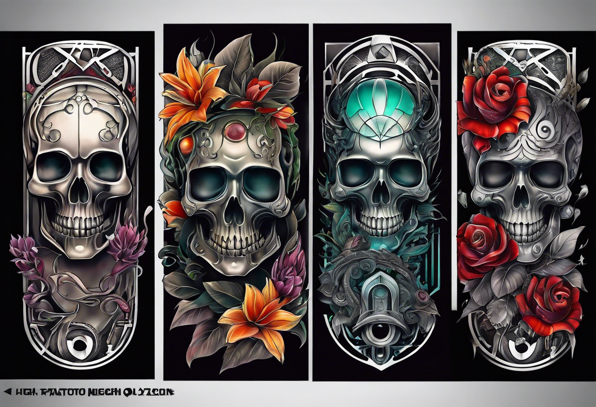 H.R. Giger tattoo with realistic evil skull, various flowers, geometric shapes, water and fall colors tattoo idea