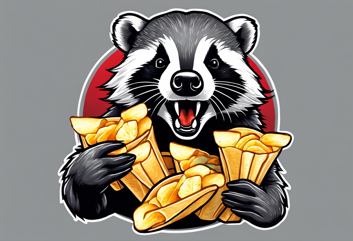 Angry badger with mouth open holding bag of chips tattoo idea