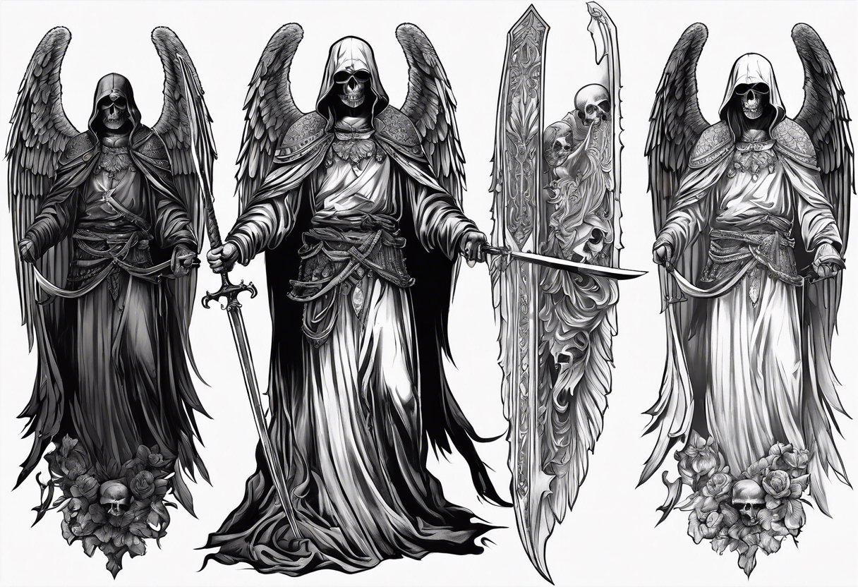 realistic full body of man angel of death, without face, holding sword, skulls on the ground tattoo idea