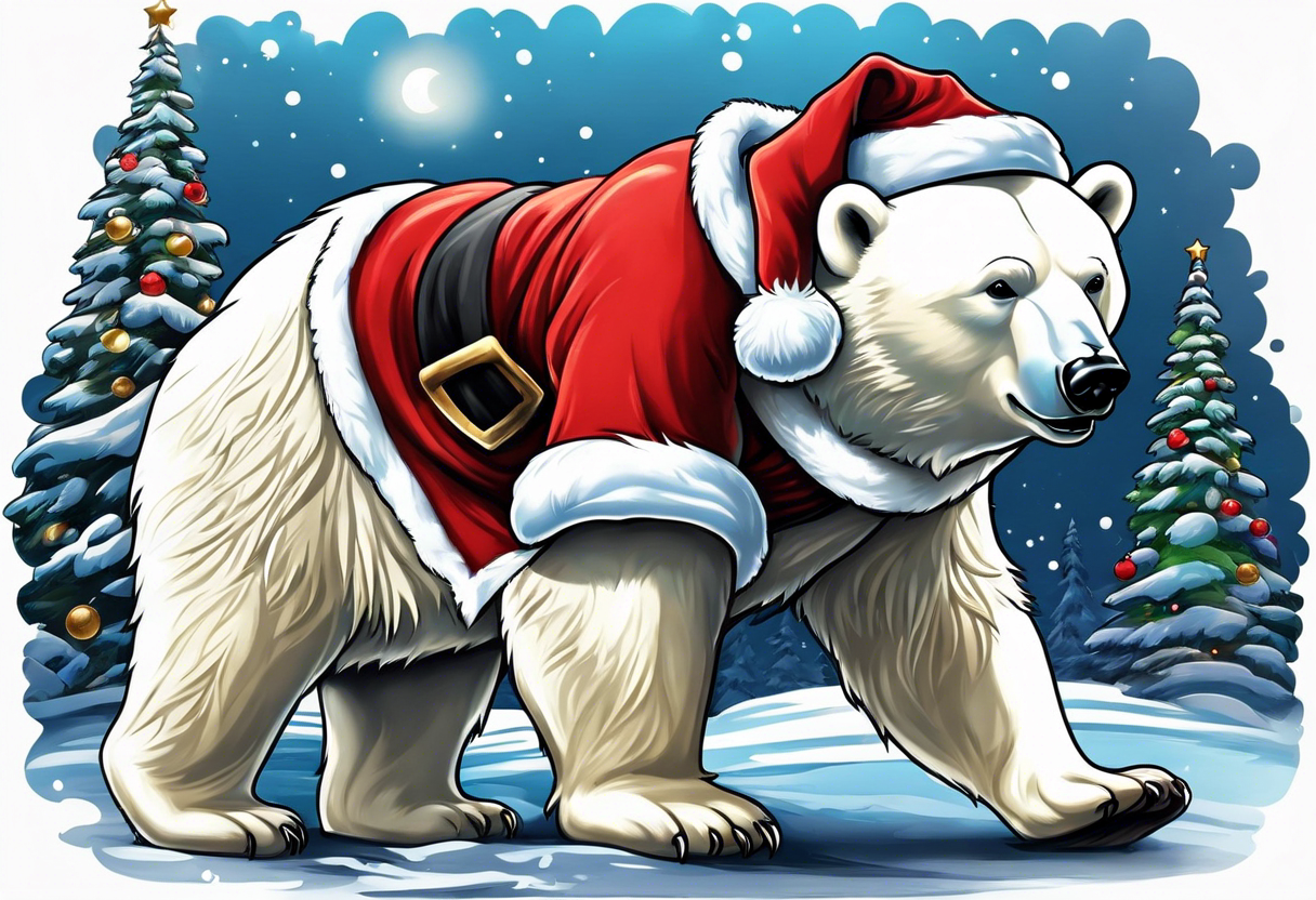 A polar bear dressed as Santa at Disney land castle tattoo idea