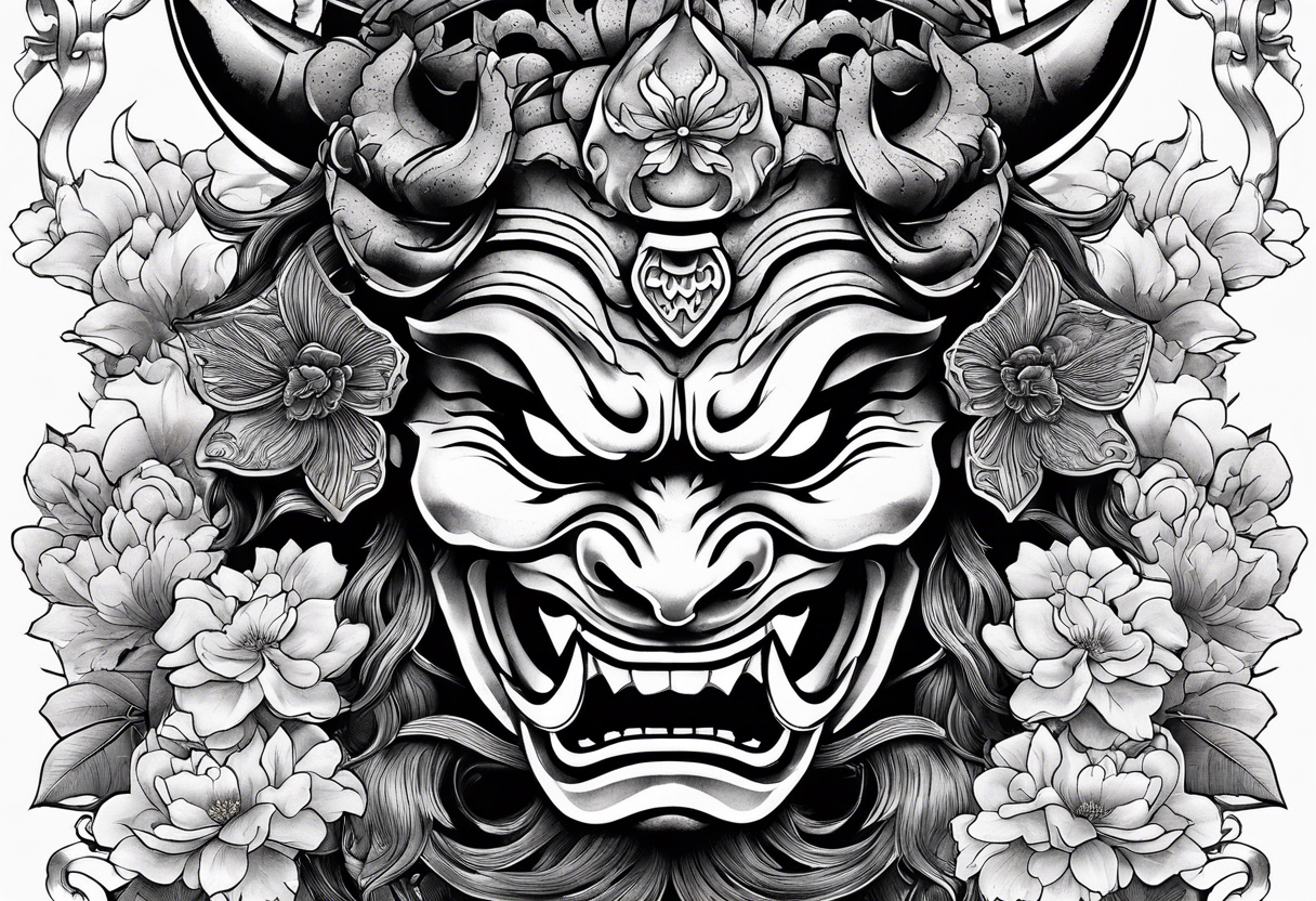 Oni mask with a background of Japanese temples and cherry blossoms tattoo idea