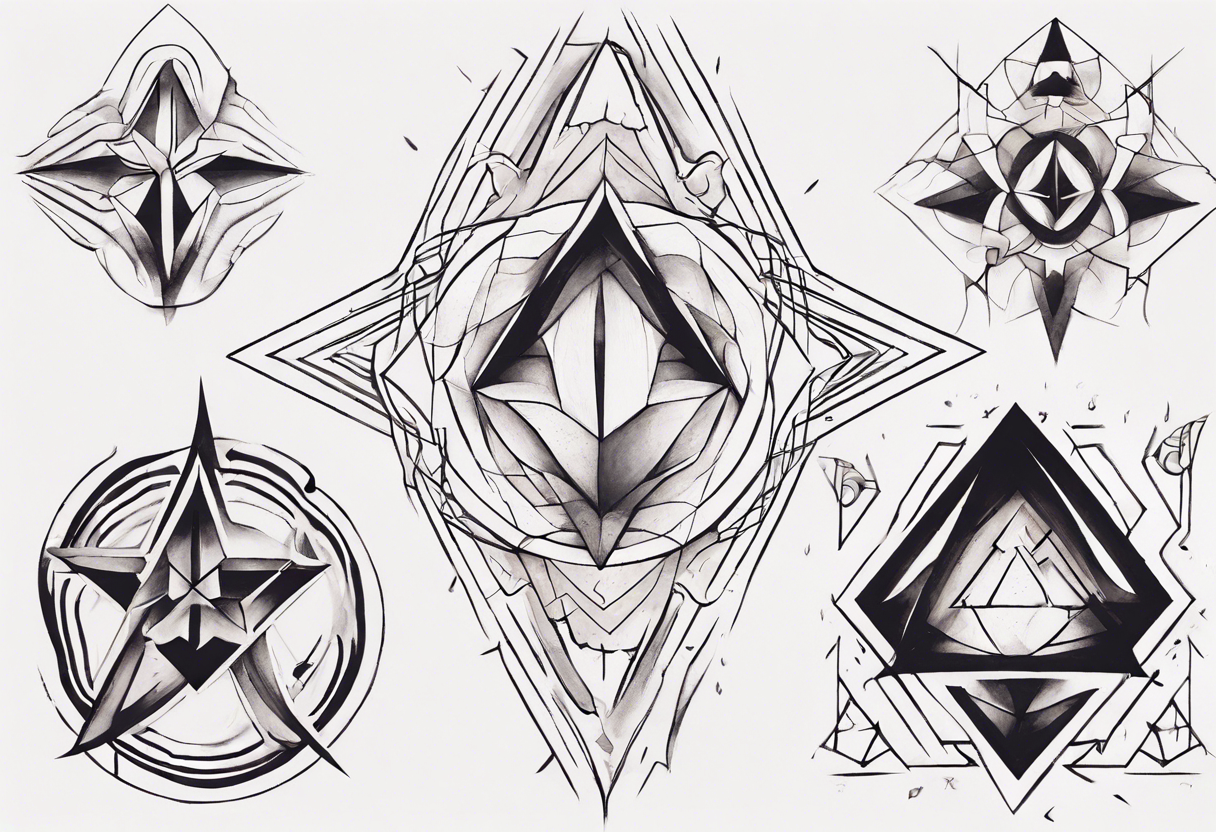 I'm looking for a geometric or abstract tattoo design to cover my existing chest tattoo. Use bold lines and unique shapes to create a visually appealing and modern look tattoo idea