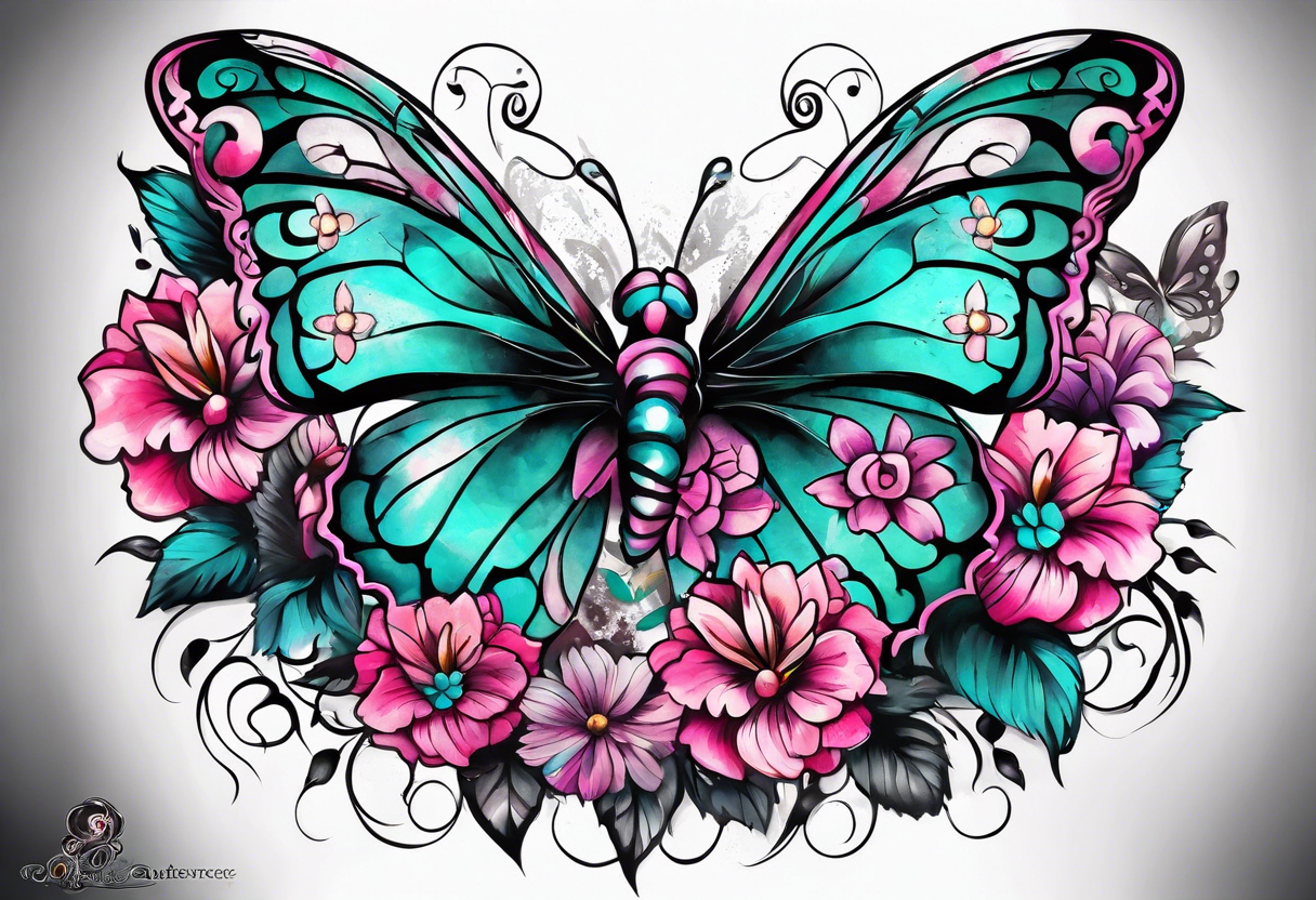 sugar skull butterflies pink and teal flowers tattoo idea