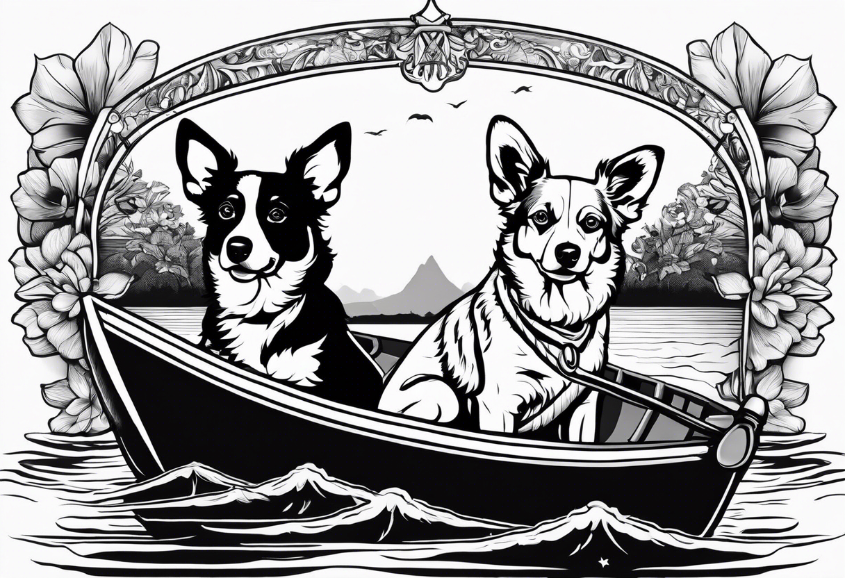 two dogs in a boat. One dog is tan with big ears like a chihuahua. The other dog is black and white and looks like an australian shepherd with floppy ears tattoo idea