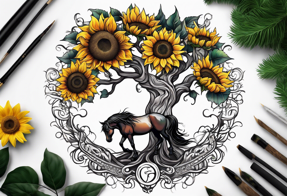 Yggdrasil tree, horse in front of it, and sunflowers tattoo idea