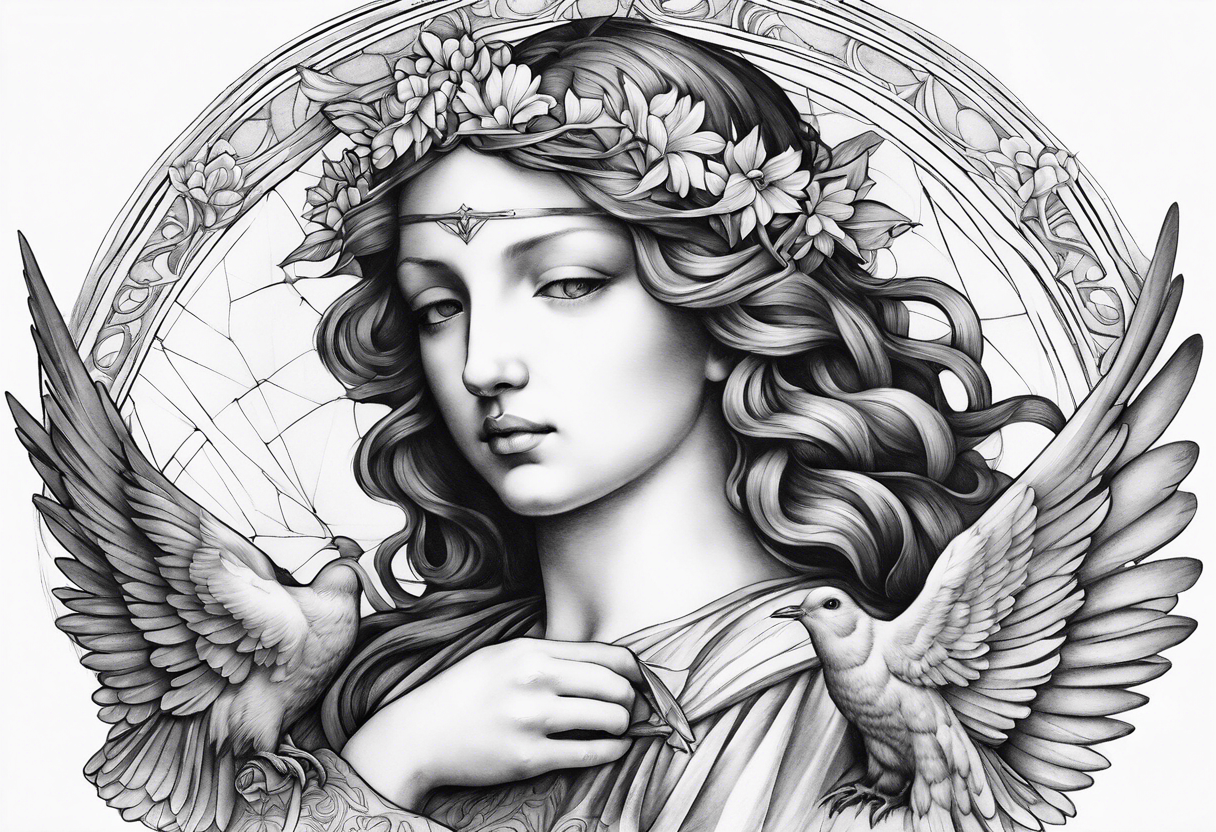 Angel with a Dove and Leonaro Da vinci Sleeve tattoo idea