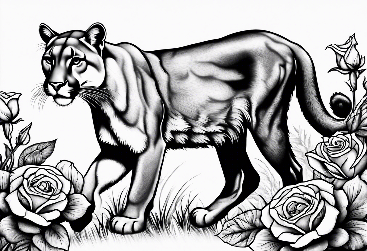 Cougar walking with roses tattoo idea