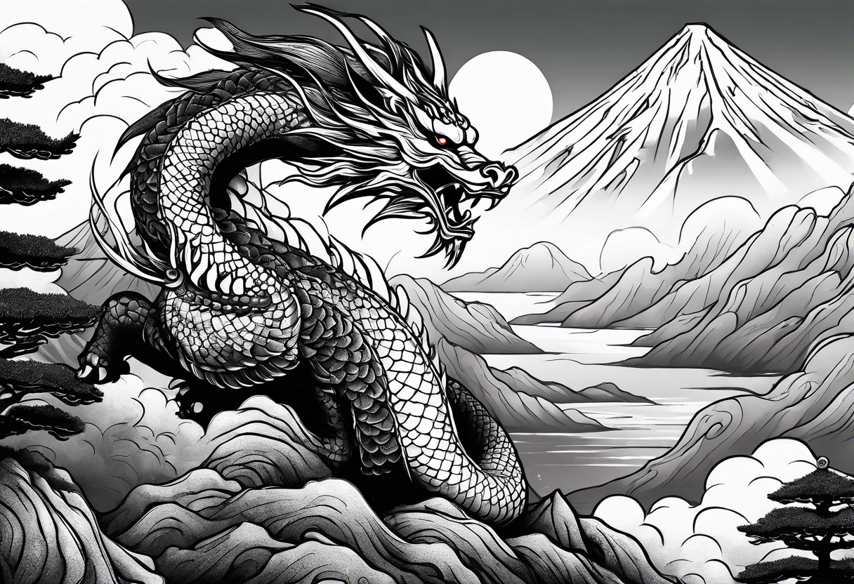 beautiful warrior nymph riding a dragon and the background will be mountains, clouds, and a Japanese building tattoo idea