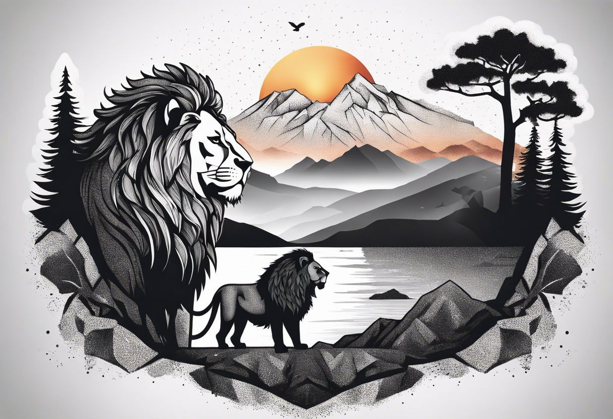 Tattoo in the shape of a lion head with a father and son in the mountains with  a waterfall and cross in the background and a sunset inside of it tattoo idea