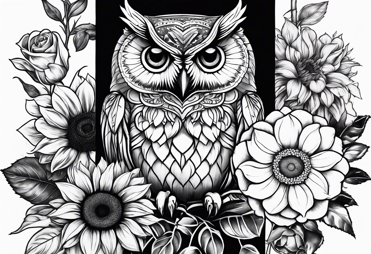 Sunflower and rose flower, owl tattoo idea