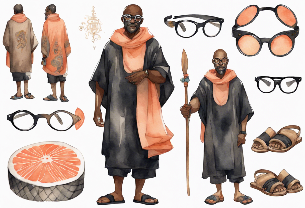 a middle-aged medieval black man wearing round glasses, wearing salmon cloak over a black tunic, wearing sandals tattoo idea