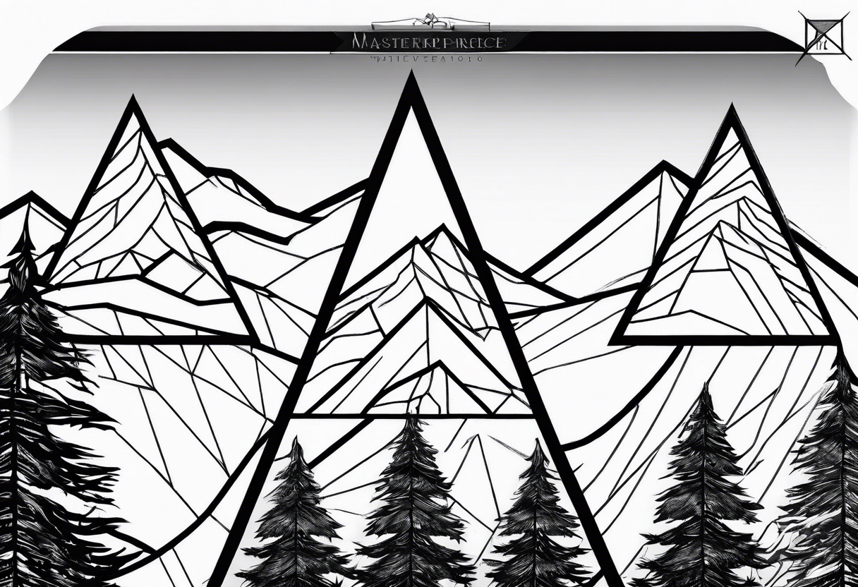 Black line tattoo with three different sizes triangles forming a mountain range with three trees tattoo idea