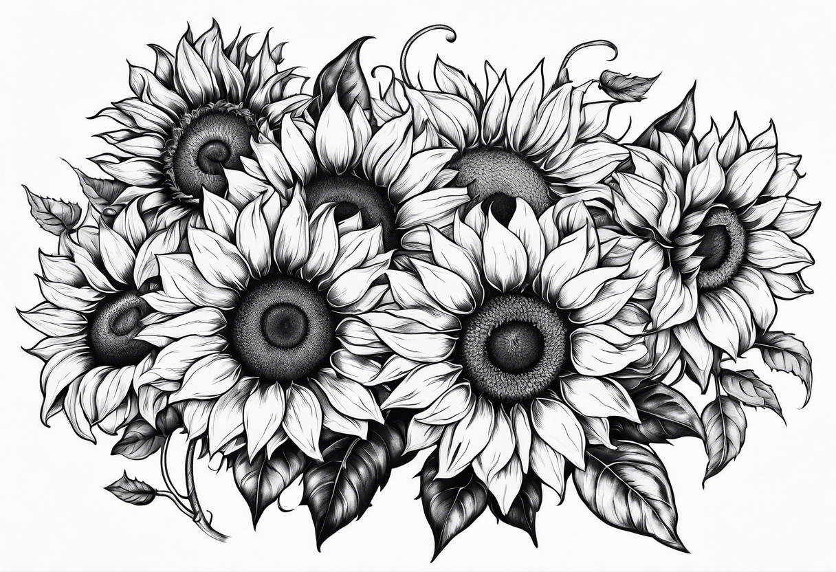 Multiple species of sunflowers outline tattoo idea