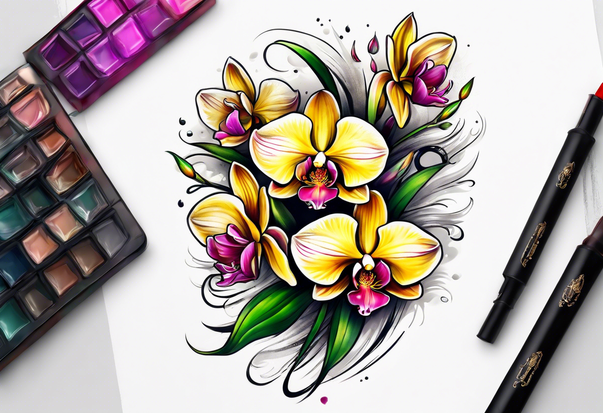 Cymbidum orchid with roses on each side tattoo idea