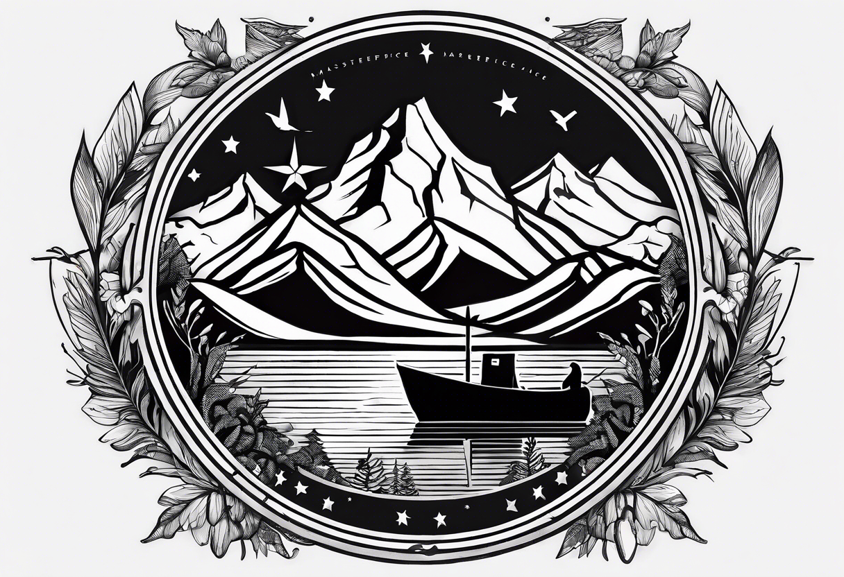 The word "HARK" as a banner with a mountain, a carabiner, compass, lake and an airplane in a circular design tattoo idea