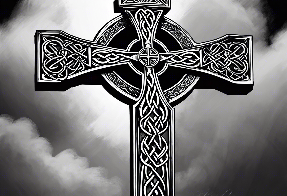 A stone Celtic cross, standing alone in the fog, with a raven perched on the arm of the cross tattoo idea