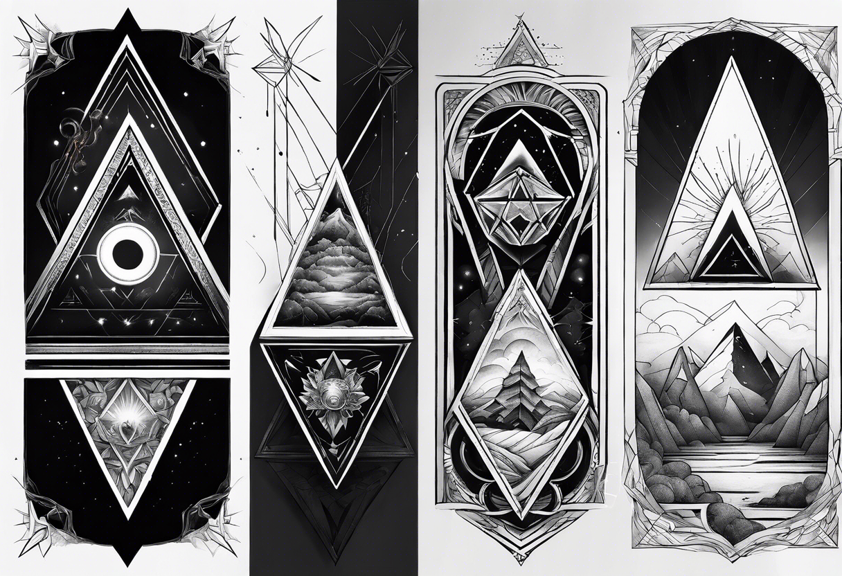 four small triangle portals to fantasy world connected by line, forearm tattoo tattoo idea