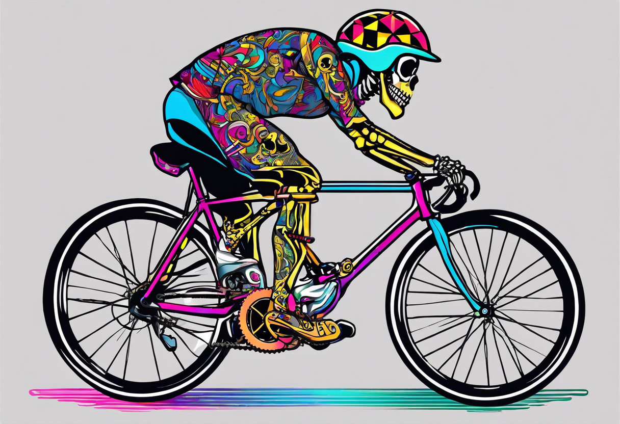 Skeleton rides a 21 speed racing bicycle with drop nars. The skeleton wears a 1980s style kit. There is no background image tattoo idea