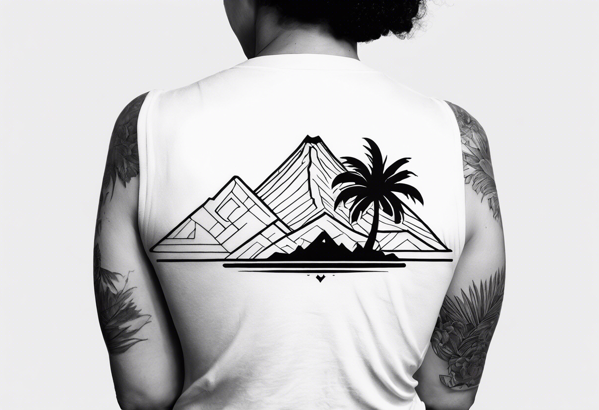 fineline black palmtree and volcano tattoo idea