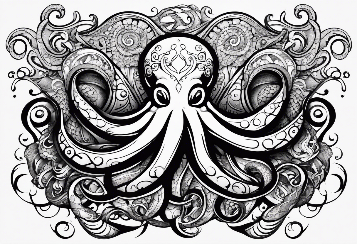 Tribal half sleeve octopus surrounded by ribbons of water waves filled with fish and a tribal sea turtle hidden in the lines of the head of the octopus tattoo idea