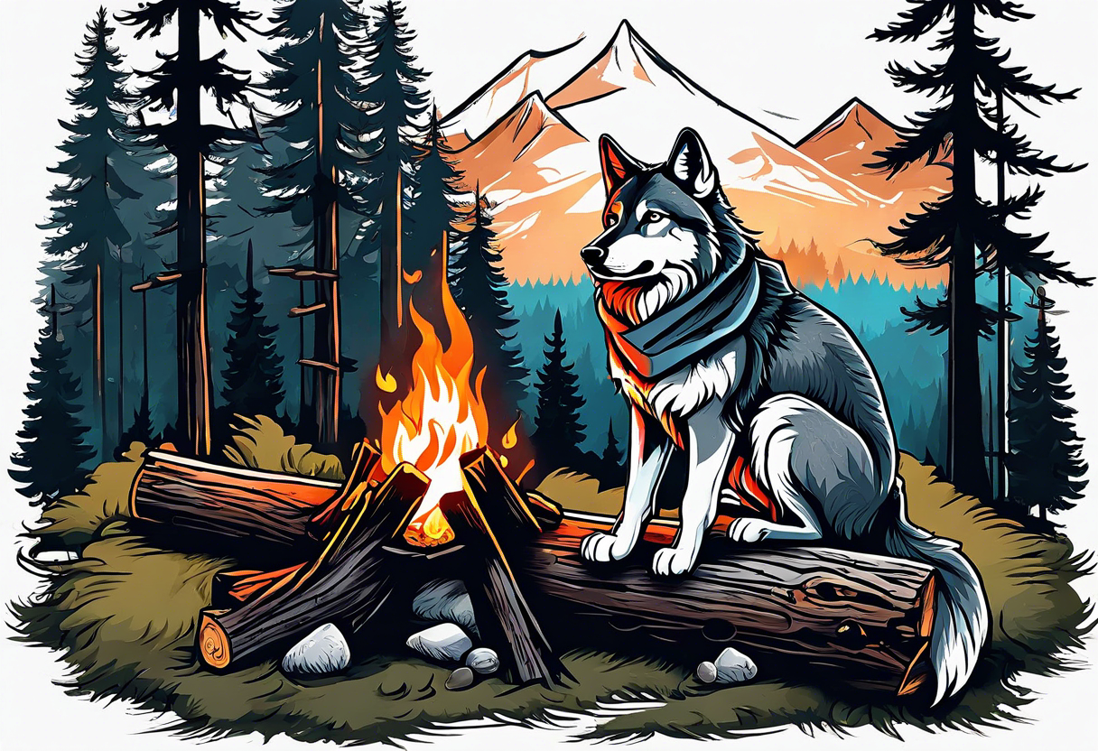 wolf at camp sitting on the log holding stick with marshmallows roasting over the campfire in the Forest tattoo idea