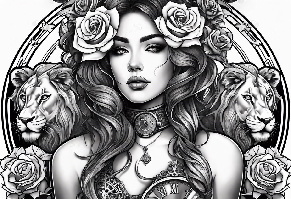 Women holding a mechanical heart roses, time watch, lion, strength tattoo idea