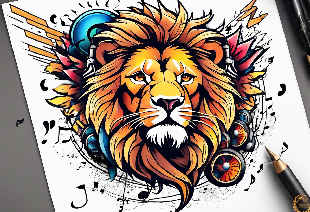 lion throwing music notes and thunder bolts tattoo idea