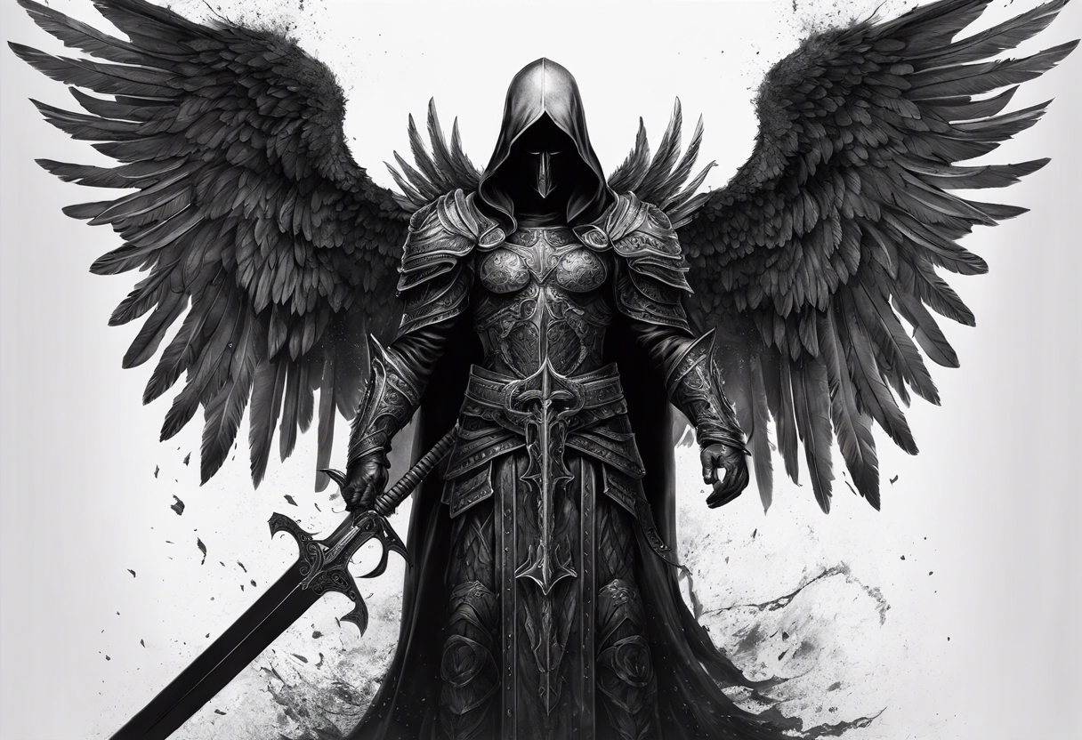 realistic full body of black angel of death, no face, face is not visible, with wings holding only one sword in both hands, the sword is held edge toward the ground tattoo idea