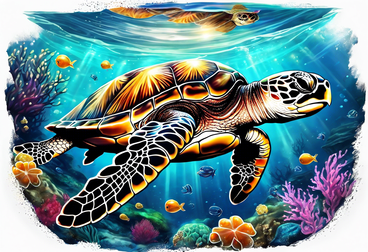 sea turtle swimming with jelly fish and among star fish tattoo idea