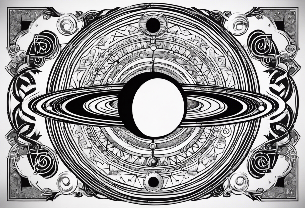 A tattoo with Saturn at the center surrounded by intricate linguistic symbols, reflecting the client's interests in cosmology and linguistics. tattoo idea