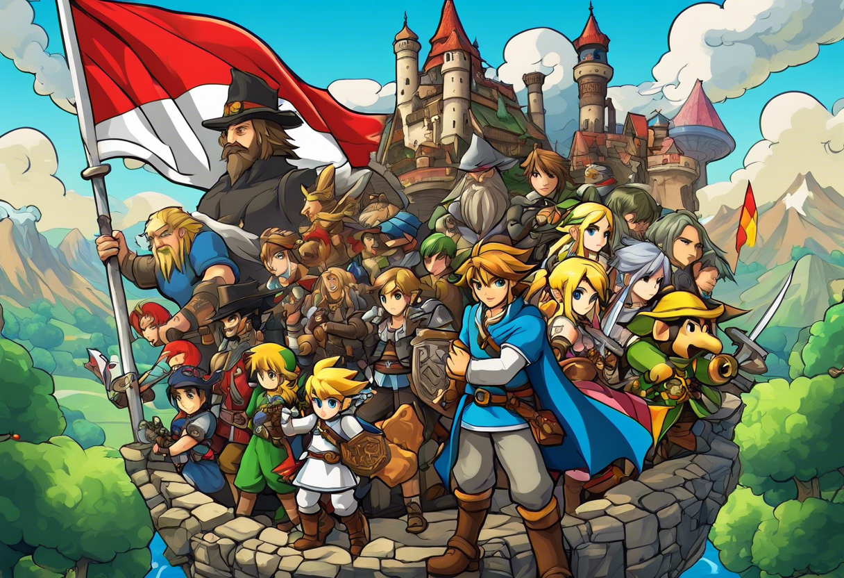 A video game scene encased in the flag of Germany and North Carolina surrounded by characters from Zelda, Final Fantasy 8, and Howel's Moving Castle. tattoo idea