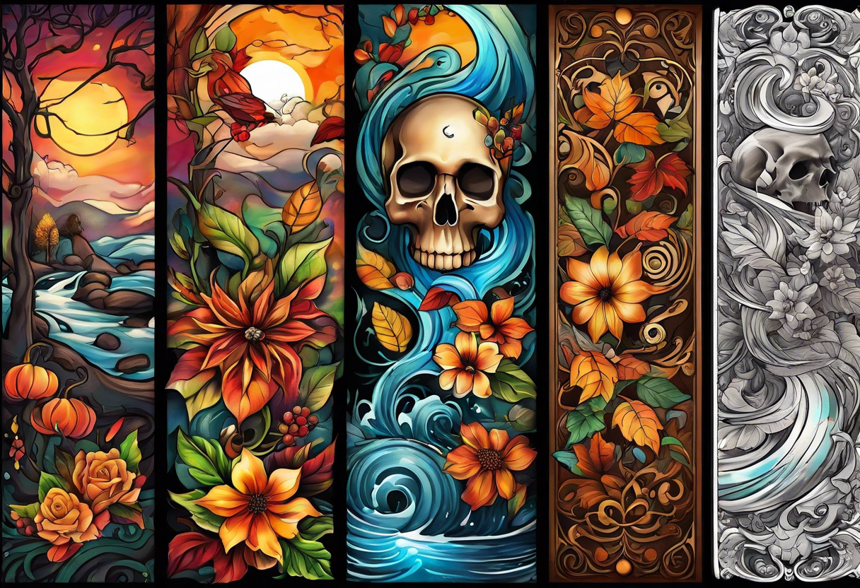 arm sleeve with fall colors, flowers, water flow shapes, leaves and various natural shapes, music notes, skulls tattoo idea