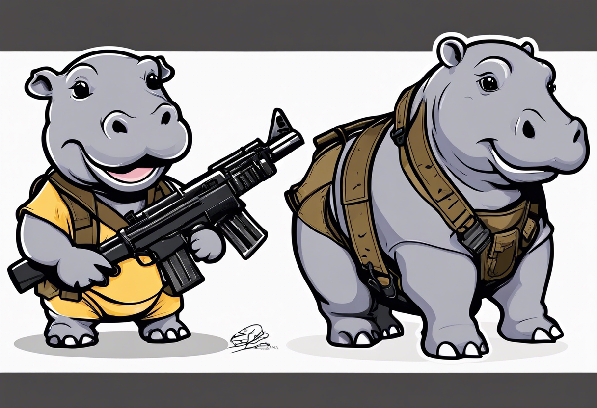 Baby hippo wearing a diaper with bandolier over chest and holding a machine gun tattoo idea