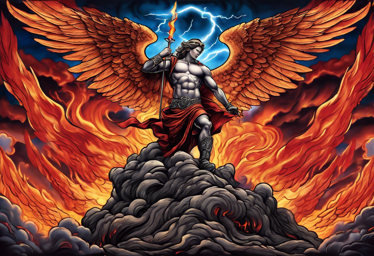 Michael the Archangel standing on top of the devil laying over hot lava.  Clouds and lightning in background. tattoo idea