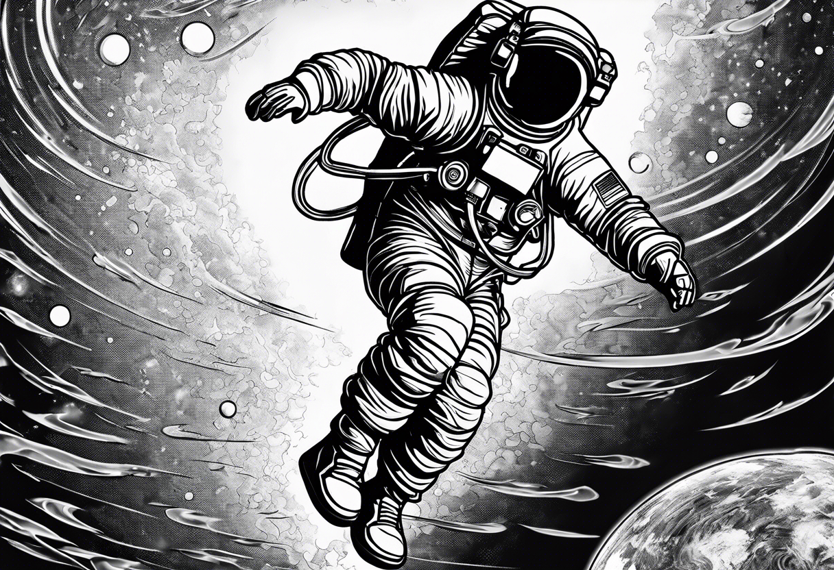 An astronaut floating in a jumping man pose with 1990's air jordan shoes on his feet tattoo idea