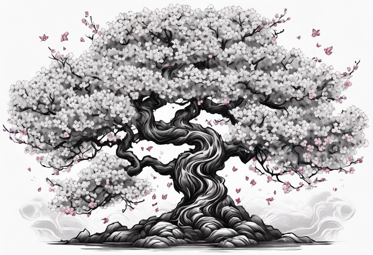 Twisted gnarly cherry blossom tree with tiger under it tattoo idea