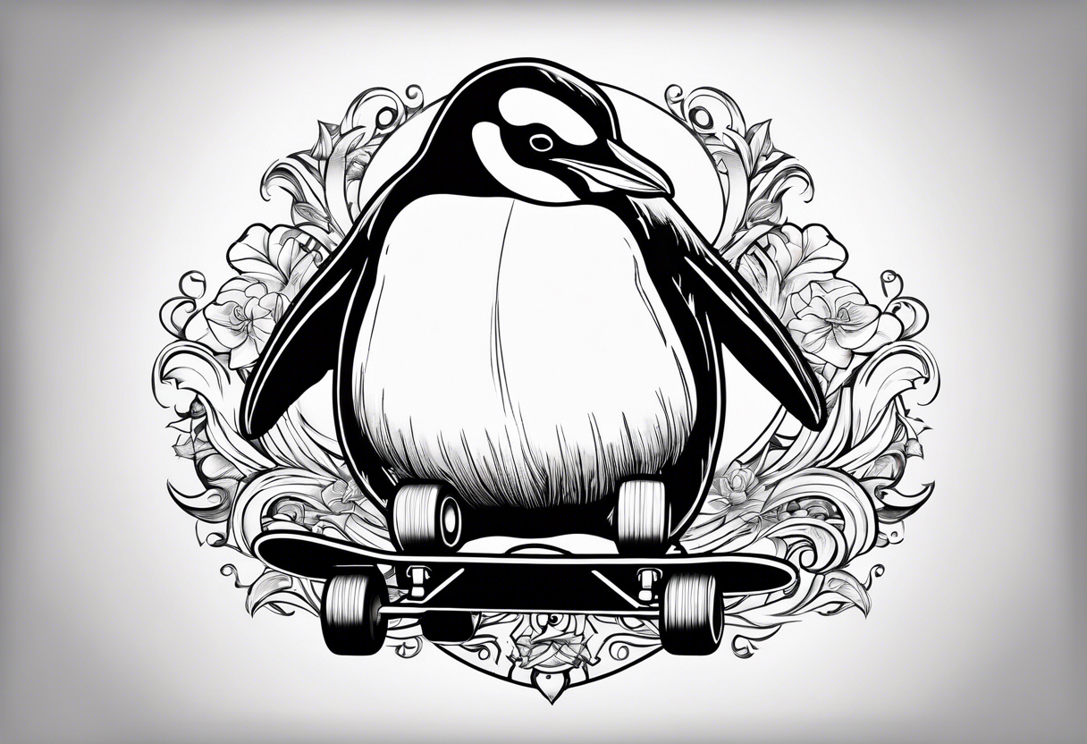 Fat penguin riding a skateboard upside down tattoo idea