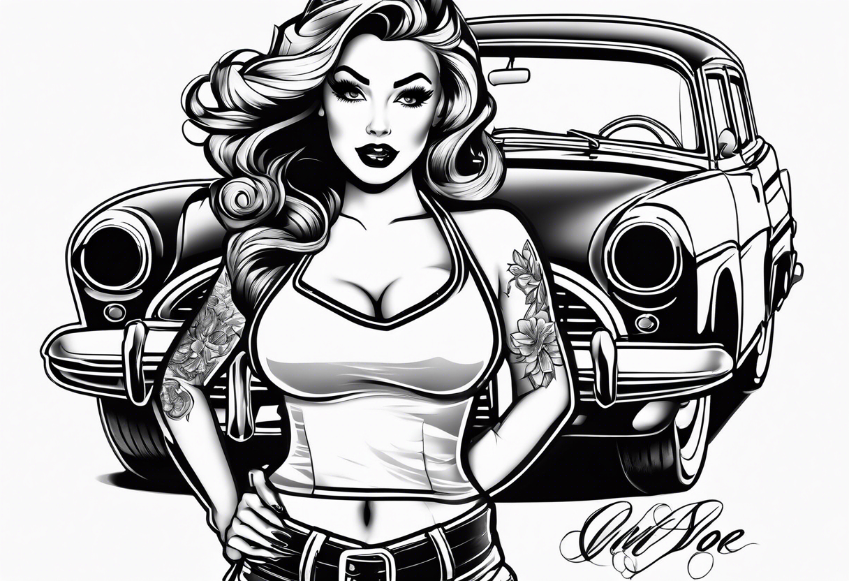 Pinup girl standing by a car tattoo idea