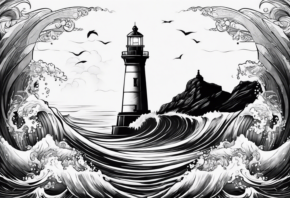 Lighthouse with waves and ship infront tattoo idea