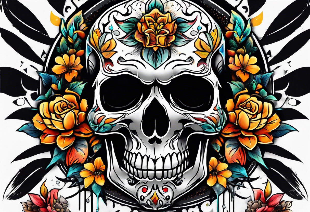 Old school center Knee tattoo with realistic skull, various flowers, water and fall colors tattoo idea