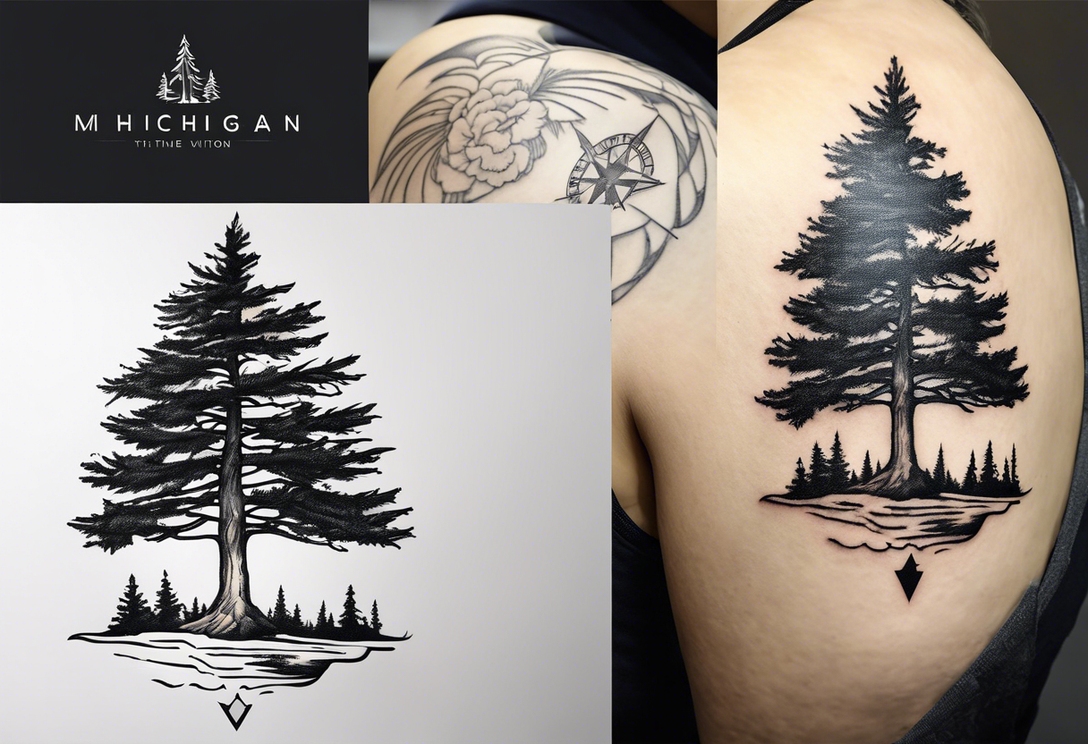 using the outline of the state of Michigan incorporate a pine tree and compass tattoo idea