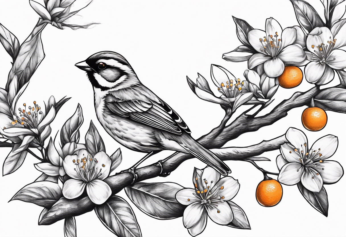 sparrow flying off of branch with orange blossoms tattoo idea