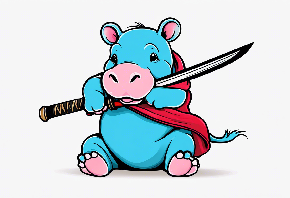 Baby hippo in a swaddle holding a katana tattoo idea