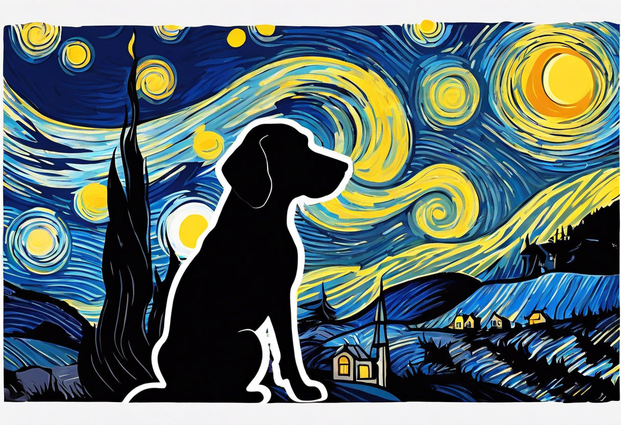 A silhouette of a beagle,and a human male looking up at Van Gogh's Starry Night. The tattoo must be twice as tall as it's width. tattoo idea