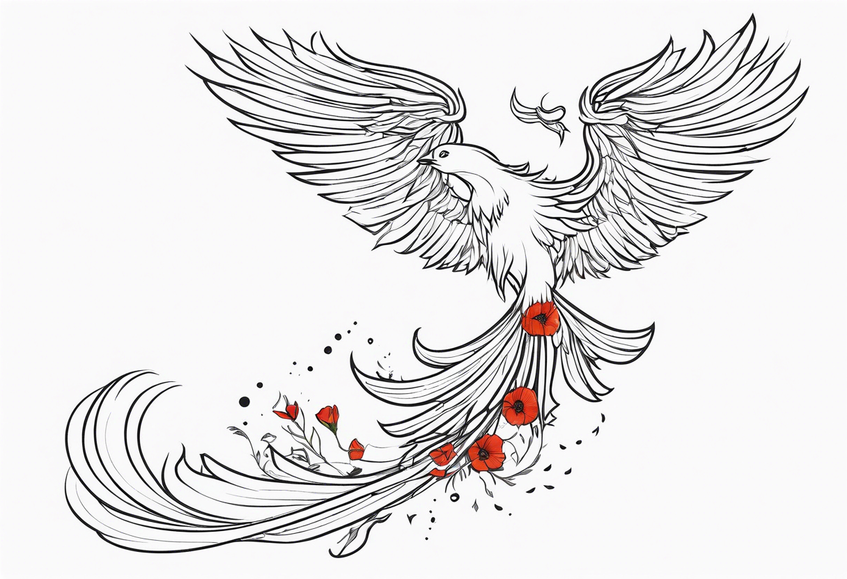 outline of phoenix in flight 
in profile long tail with claws holding poppies falling tattoo idea