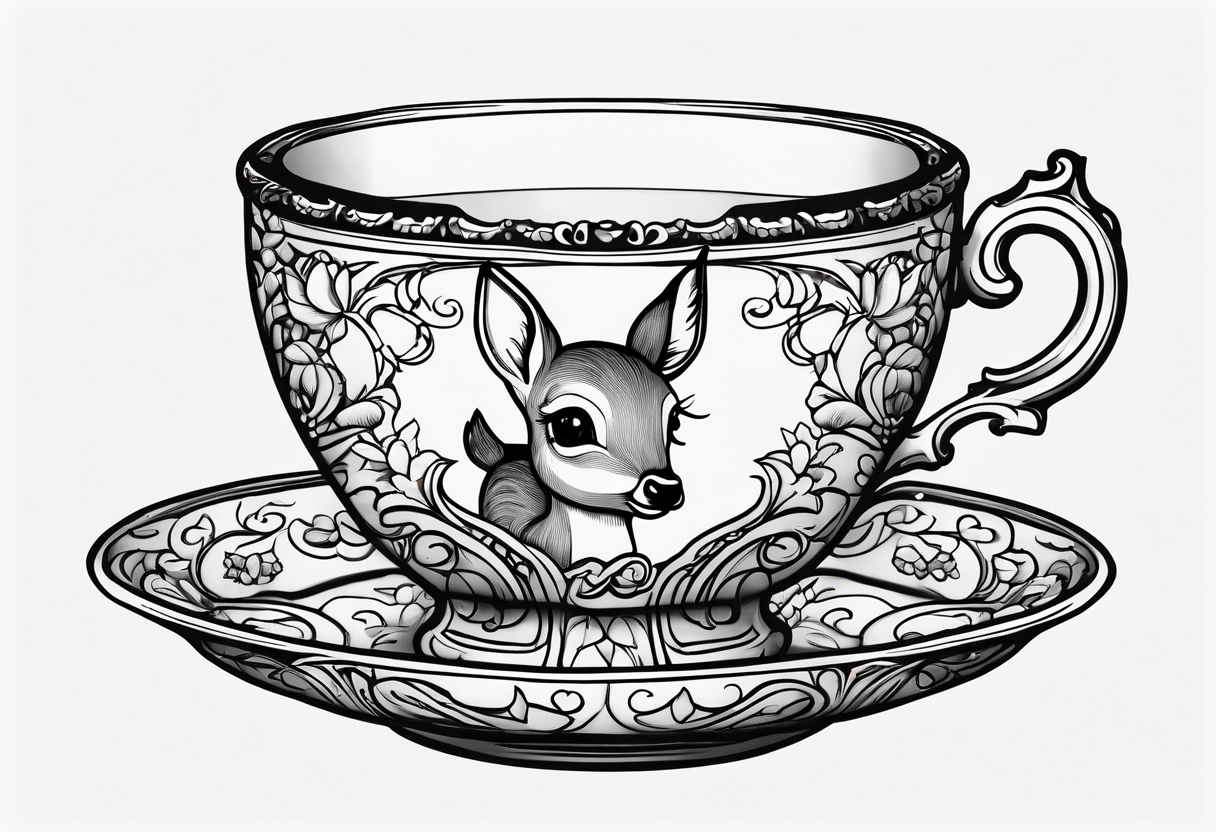 simple line art fawn in a victorian teacup tattoo idea