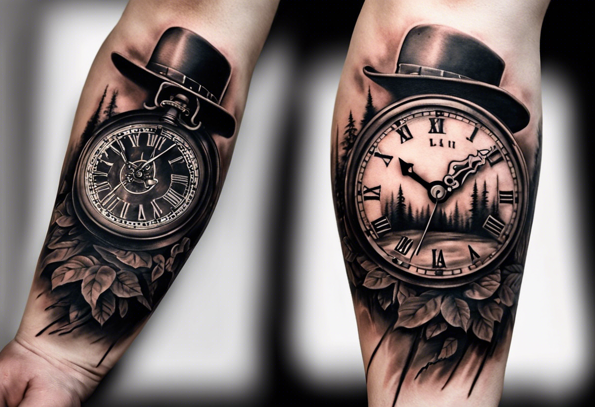 Le tattoo doit intégrer, un paysage montagneux et forêt, une horloge à 21h44.
Il faut aussi une pellicule de cinéma déroulée. Un vieux chapeau de l'armée italienne. avec une main de poker gagnante tattoo idea